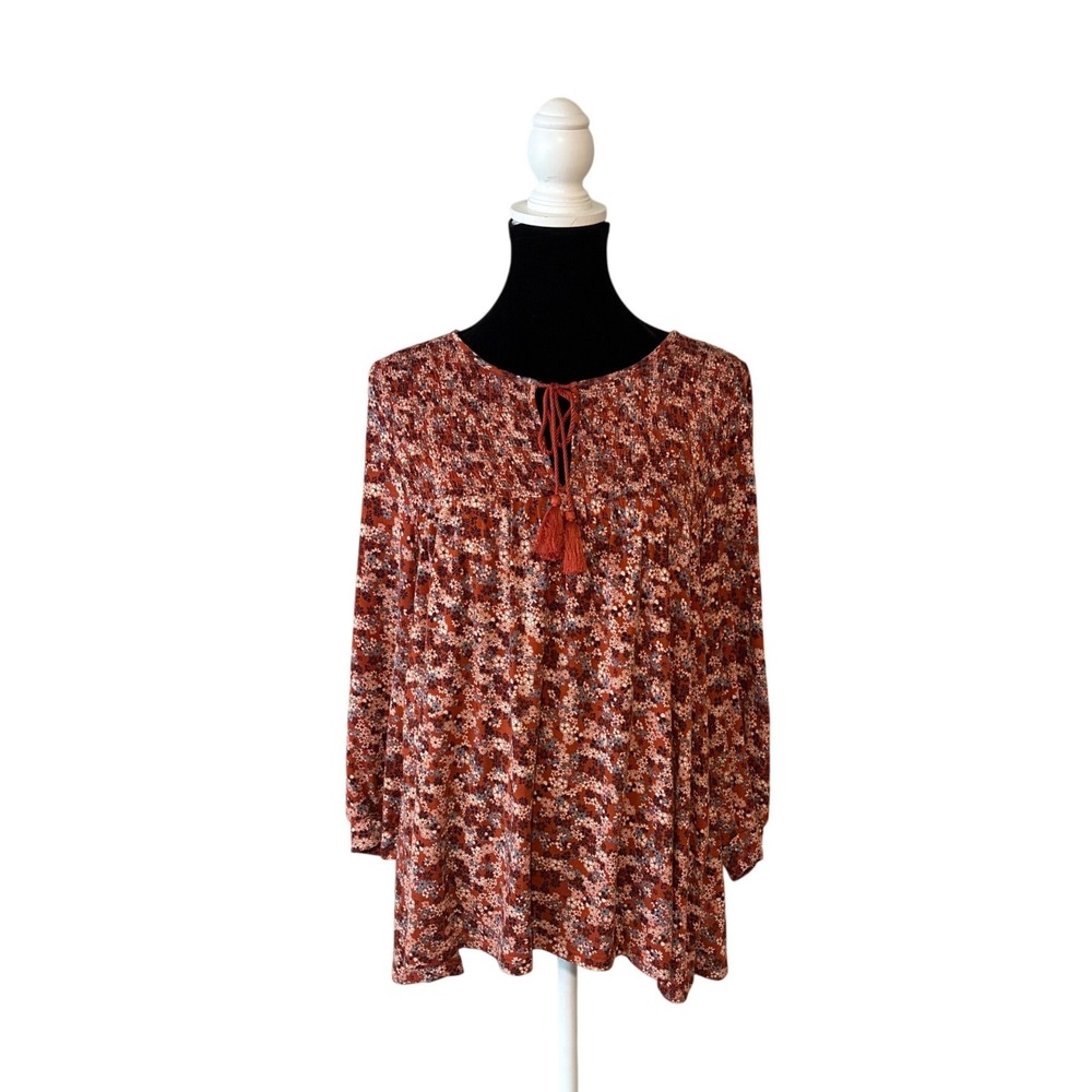 Skye's The Limit Womens Rust Floral Smocked‎ Tassel Tie Peasant Blouse Large